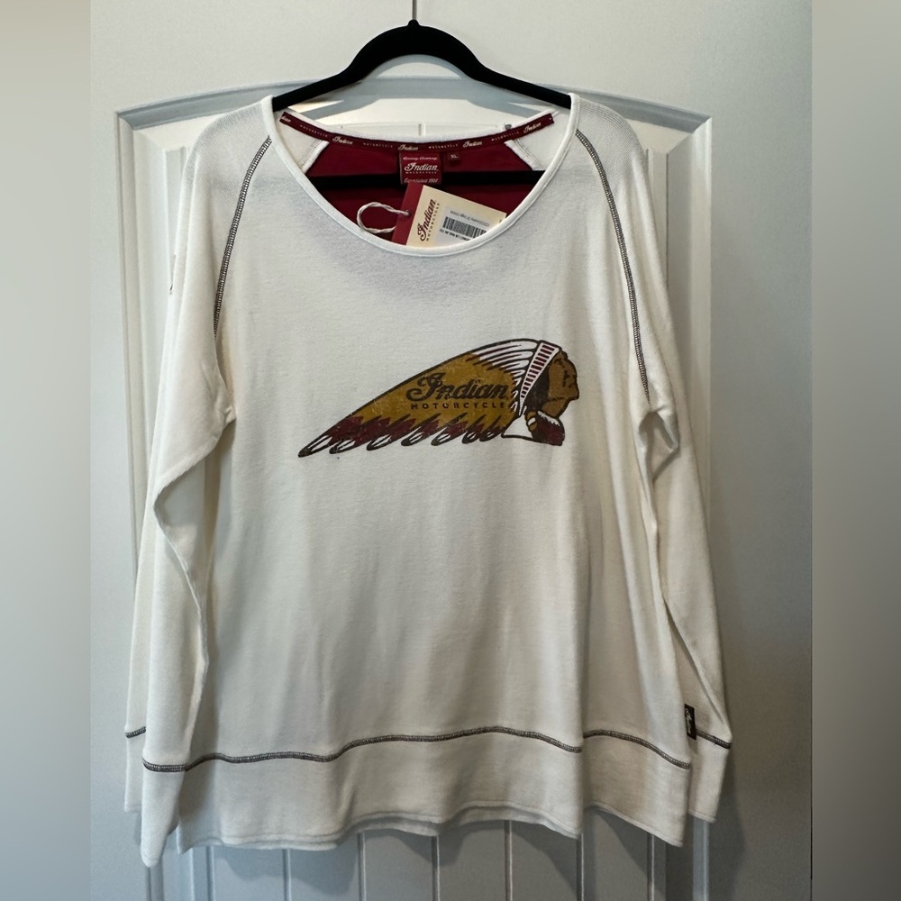 WOMEN’S/LADIES INDIAN MOTORCYCLE WAR BONNET LONG SLEEVE RAGLAN TEE. SIZE X-LARGE